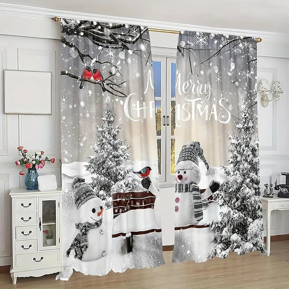2 pieces Christmas Snowman Curtain - Holiday pine and Cardinal bird design printed curtains   home decoration   room decoration