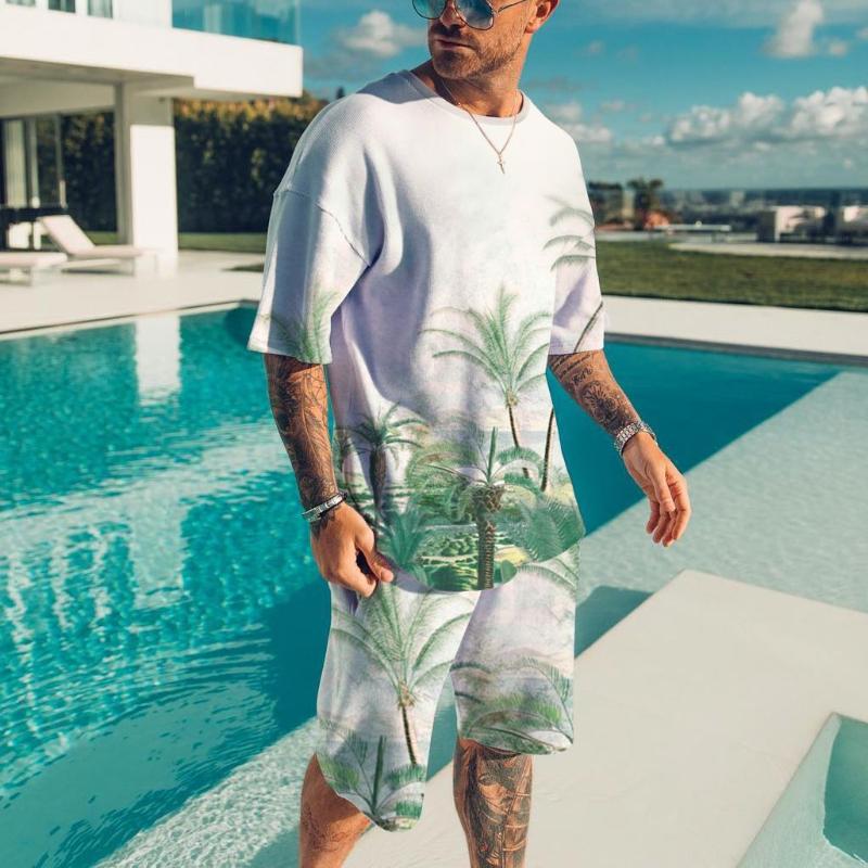 Men's 3D Printed Sports Two-Piece Set O-Neck T-Shirt Plant Pattern Printing Casual Fitness Short Sleeve Tops Shorts