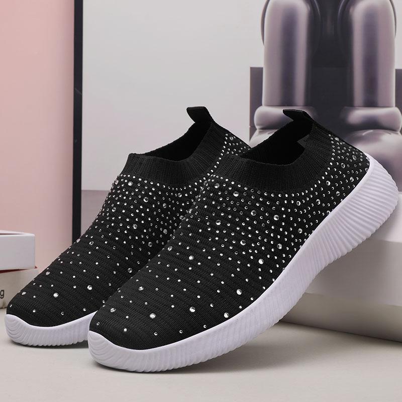 Plus Size Rhinestone Stretch Sock Women's Flyknit Casual Shoes - Lightweight & Breathable MD Sole