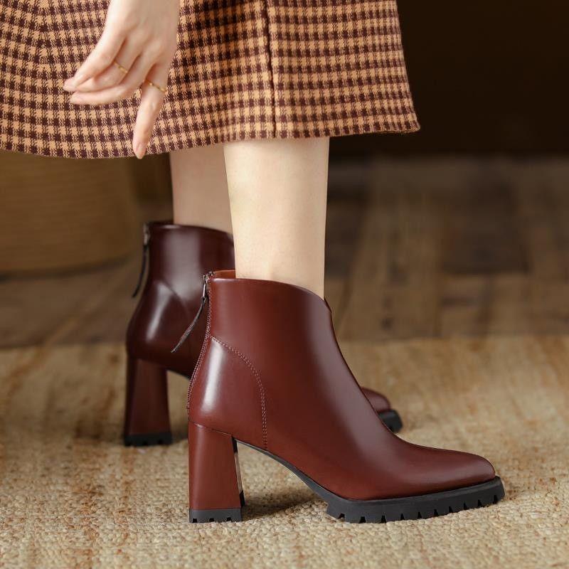 Fashion FHC 2024 Retro Style Women Short Boots,Thick Bottom Booties,High Heeled Ankle Botas,Pointed Toe,Back Zip,Black,Brown,Dropship