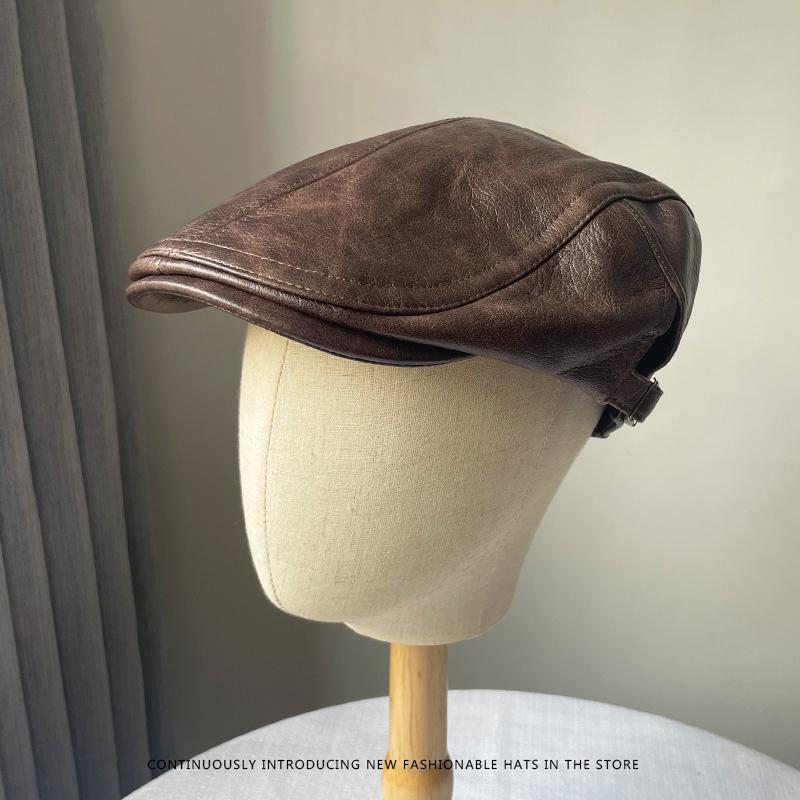 American Retro PU Leather Plain Baker Boy Hat for Women Autumn Winter Unisex Beret Newsboy Cap Reversible Duckbill Peaked Cap