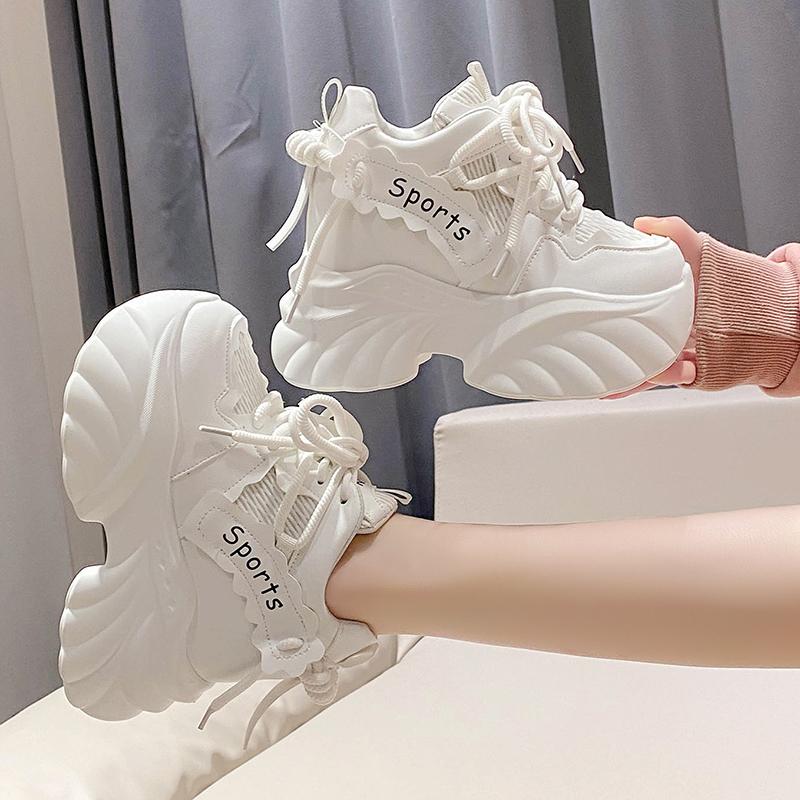 Fashion White Chunky Sneakers Women New Autumn Hidden Heel Platform Sports Dad Shoes Woman Lace Up Breathable Mesh Casual Shoes 10CM