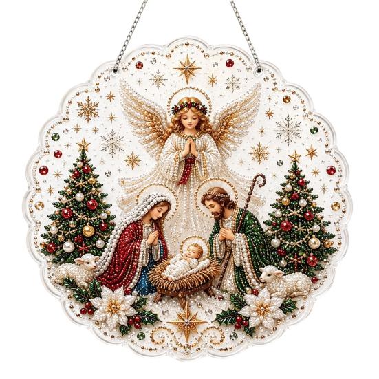 Holiday Window Hanging Decor Christmas Faux Pearl Painting Suncatcher Kit, 3D Nativity/Santa Claus/Bird/Tree Creative Handcrafts Beads Art Craft,