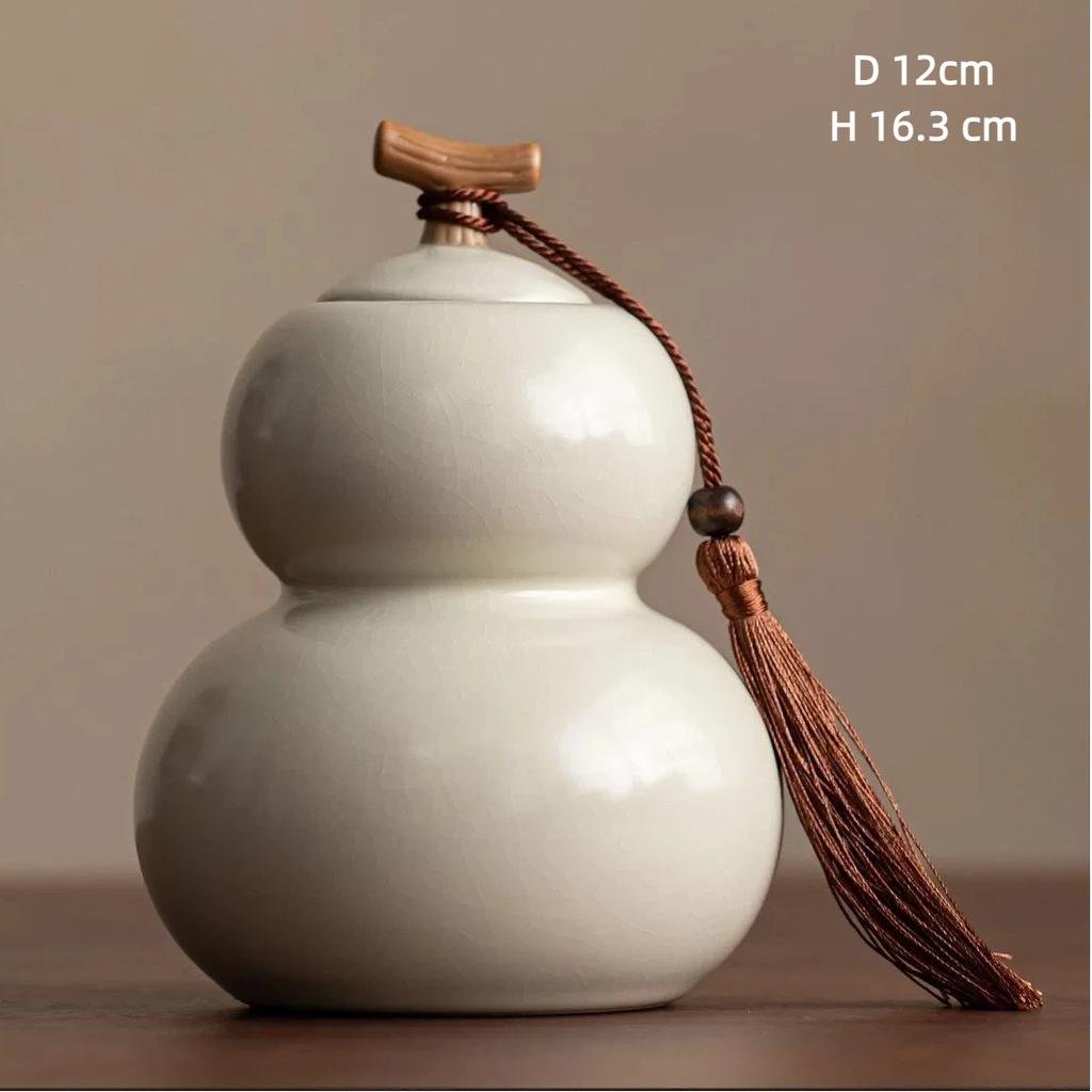 Chinesischer Stil Ru-Ofen Keramik Teedose, Kürbisformiges Vintage Teelagerglas mit Quasten-Dekor