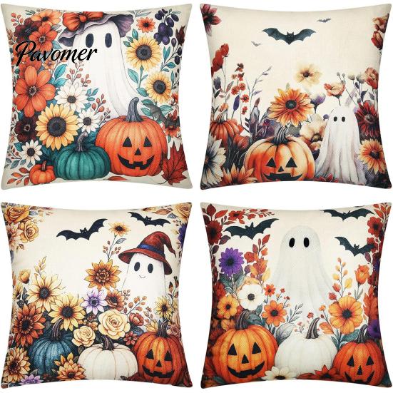 Square Sofa Cushion Protectors Halloween Ghost Cover, Retro Pumpkin Throw Pillow Case, 18x18 Covers Inch Washable Cover for Couch Bed Decor Breathable