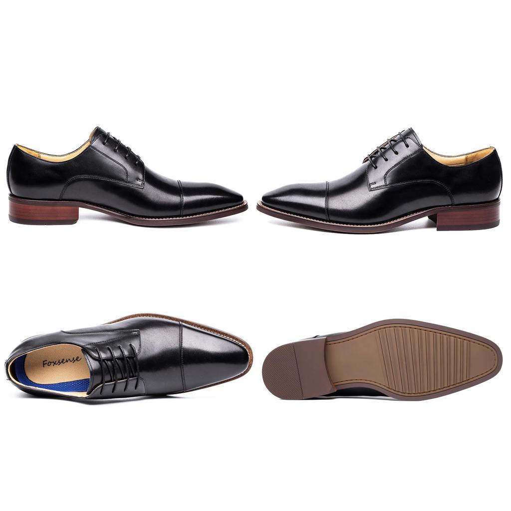 Foxsense Business Dress Genuine Premium Size Men's Shoes, Leather, Straight-Tip, Wingtip, Lightweight, Waterproof, Leather, Formal, Black, 25.5cm,