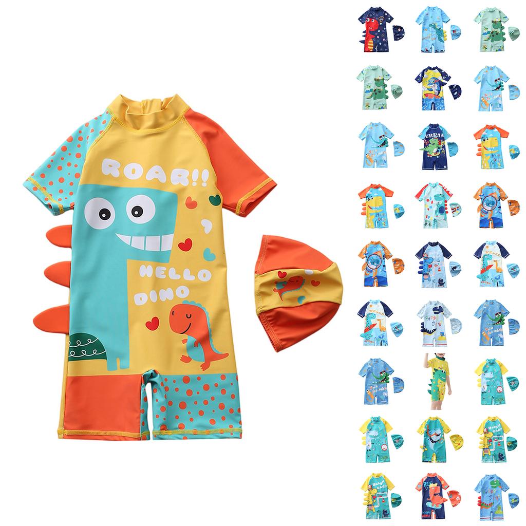 Boys Short Sleeve Hooded One-Piece Swimsuit Cartoon Dinosaur Print Beach Swimwear Summer Kids Swim Shirt with Matching Swim Cap