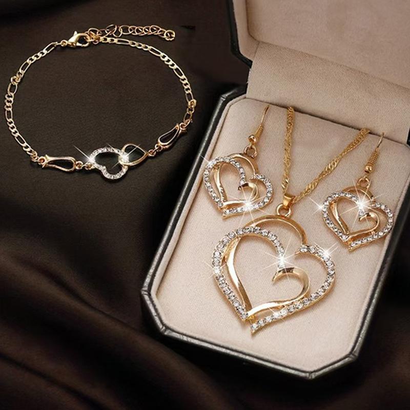 Sparkling  Double-Layer Hollow Heart-Shaped Pendant Necklace Women'S Temperament Versatile Jewelry Set