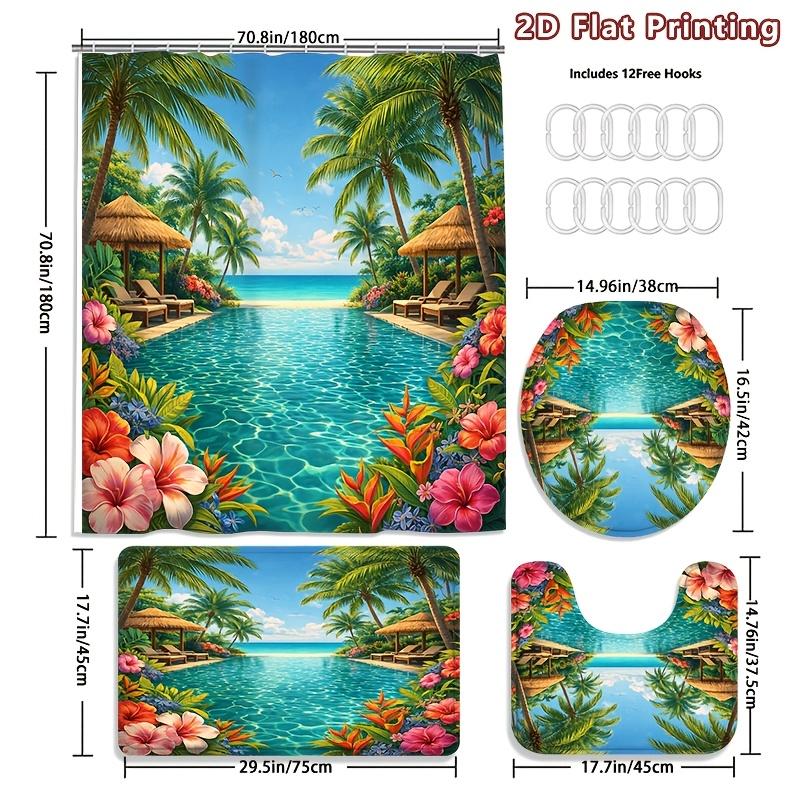 4Pcs Shower Curtain Set with Non-Slip Bath Mat, Toilet Lid Cover, Contour Rug & 12 Hooks, Bathroom Decor