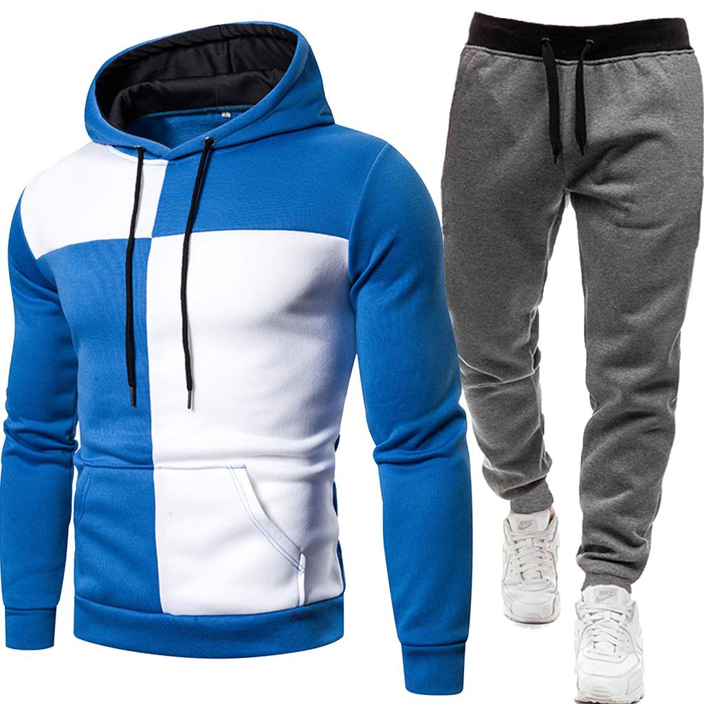 Men's Casual Sports Hoodie Set Trendy Versatile Color Blocked Hooded