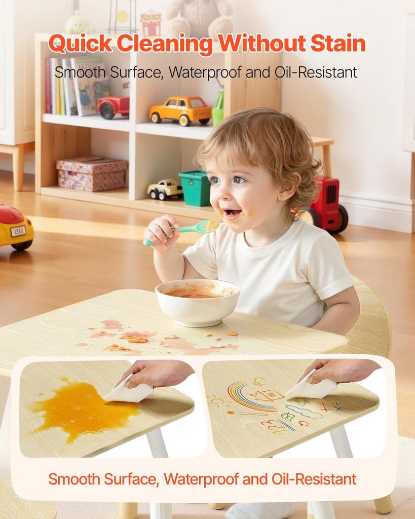 Kids Table and 2 Chairs Set, Toddler Table and Chair Set with Rounded Edge Design & Graffiti Desktop, Wooden Desk for Art, Craft, Reading, Learning,