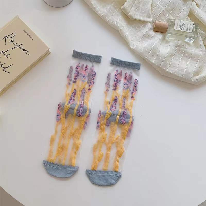 New Women Ladies Sock Fashion Sheer Mesh Glass Silk Socks Ultrathin Transparent Crystal Lace Fabulous Elastic Summer Flower Sock