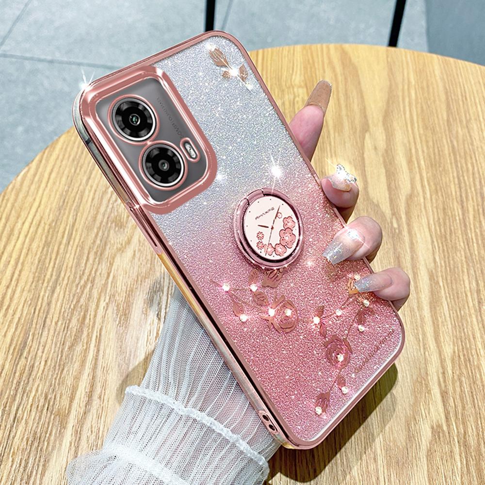 

KADEM For Motorola Moto G85 5G/S50 Neo 5G Case Ring Kickstand TPU Flowers Phone Cover Gradient Glitter Rose Gold