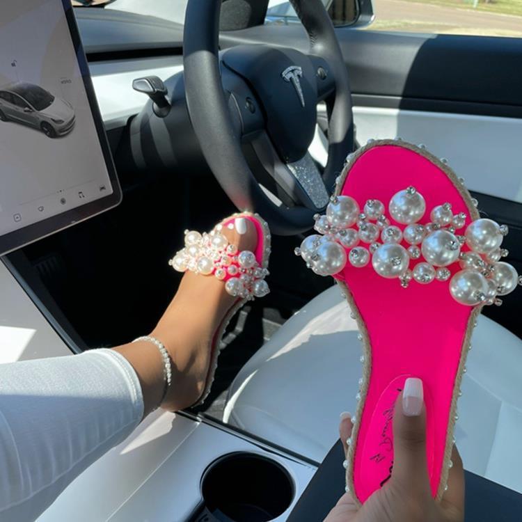 Evropa, Amerika 2021 léto nové jednoslovné nazouvací perlové módní sandály ploché boty velké velikosti lehké ležérní všestranné