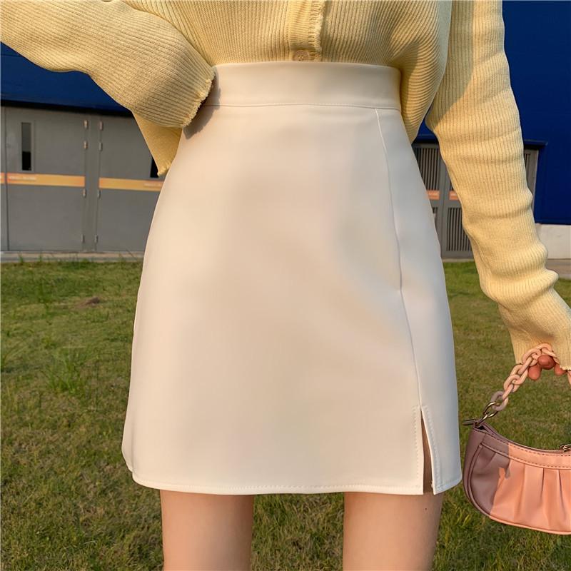 2024 Autumn Black High-Waist A-line Midi Skirt with Slit for Women