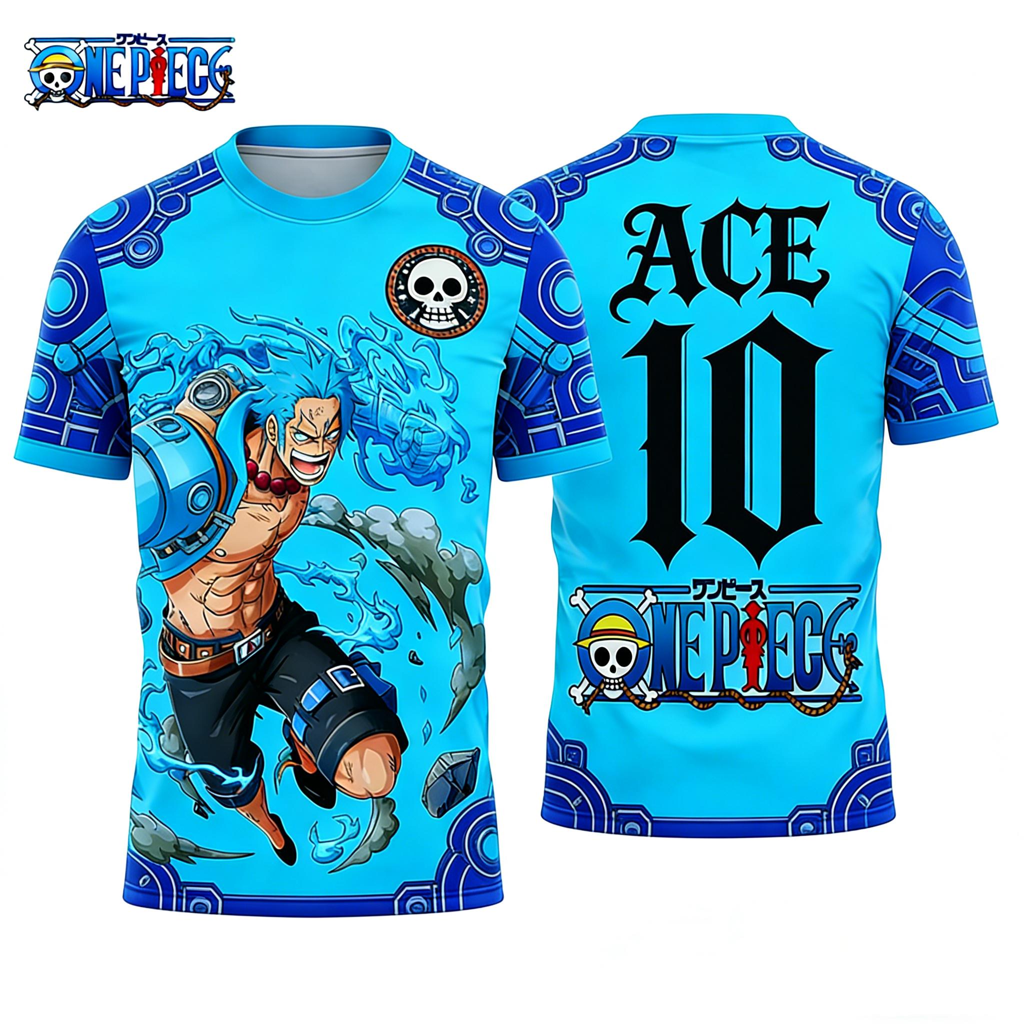 

Summer 2026 One Piece Ace X French Mecha Flame Soccer 3D Print Breathable Quick-drying T-shirt for Men and Women Top XL