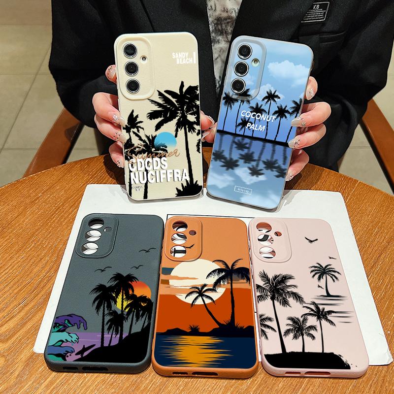 Creative Coconut Sunset Print Case For Samsung S26 S25 S24 Ultra S23 S22 S21 FE A15 A16 A17 A35 A36 A37 A54 A55 A56 A57 5G Leather Texture Cover
