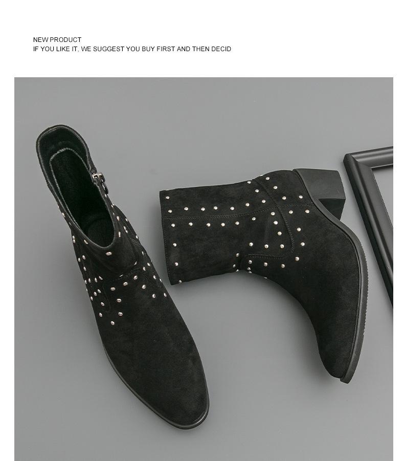 Men's Large Suede Leather Rivet Pointed Toe Ankle Boots - Medium Heel Fashion Knight Boots