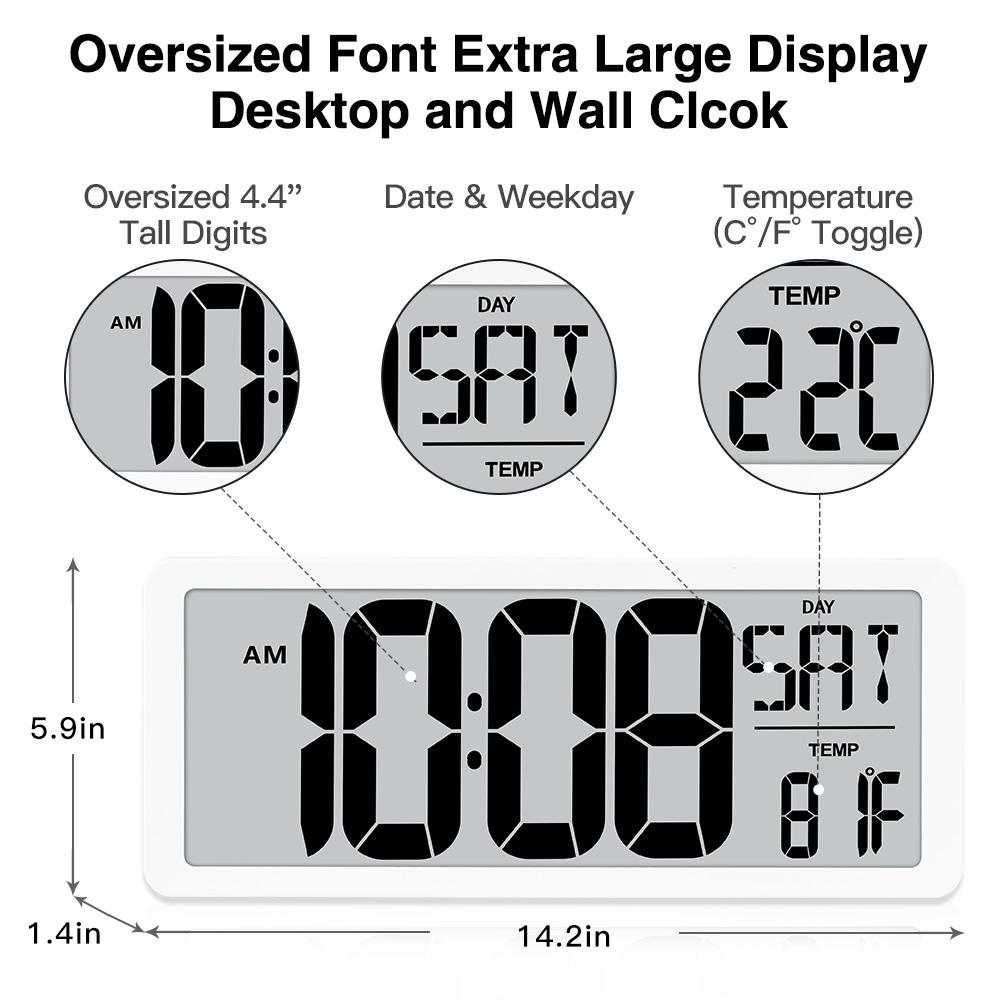 

Большие настенные цифровые часы Vision Jumbo с будильником 13,8 ЖК-дисплеем, будильником, календарем, температурой в помещении, питание от батареек