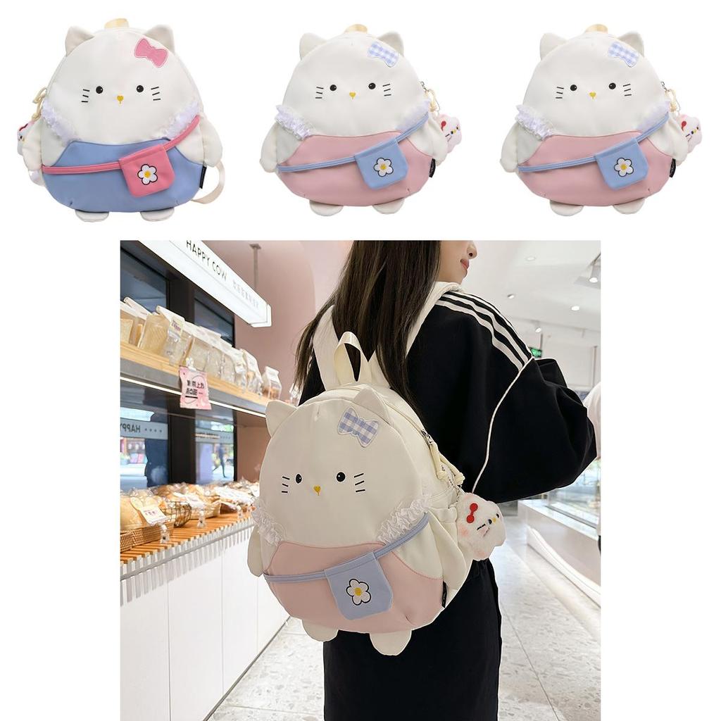 Cute Cartoon Bow Lace Cat Design Student Casual Backpack With Plush Pendant For Daily Use