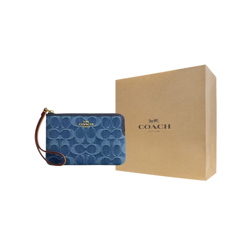 Coach Corner Zip 15 Classic Brand Embossed Smooth Leather And Denim Mini Clutch Women Clutch Indigo CDF26-IMTYV