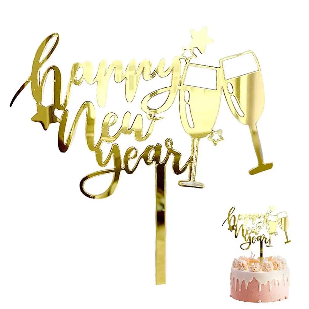 Happy New Year Acrylic Cake Plaque Silver Black Simple Shower Accessories Tools Dessert Baby Decor Cake Design Toppers Acry E0T0