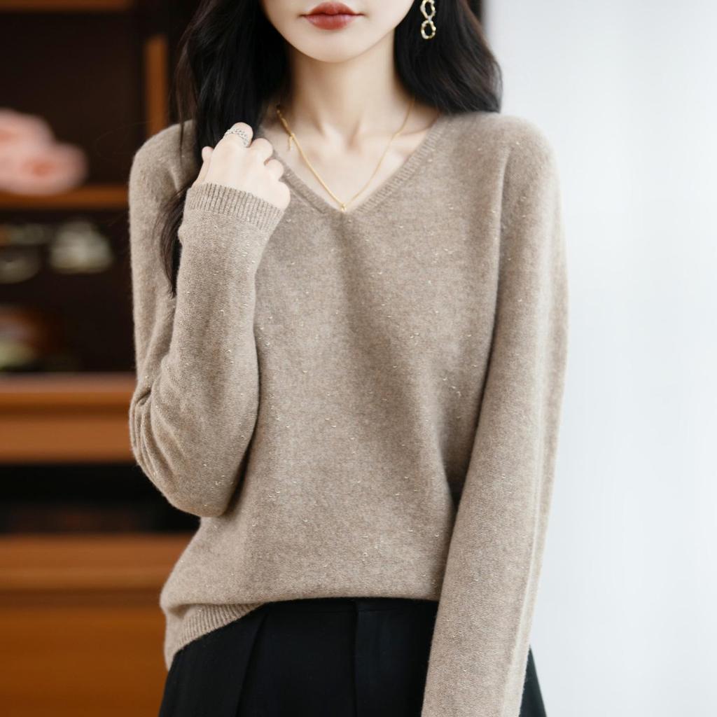 Starlight V-neck Sweater: Premium Australian Wool with Sequin Diamond Cut Design