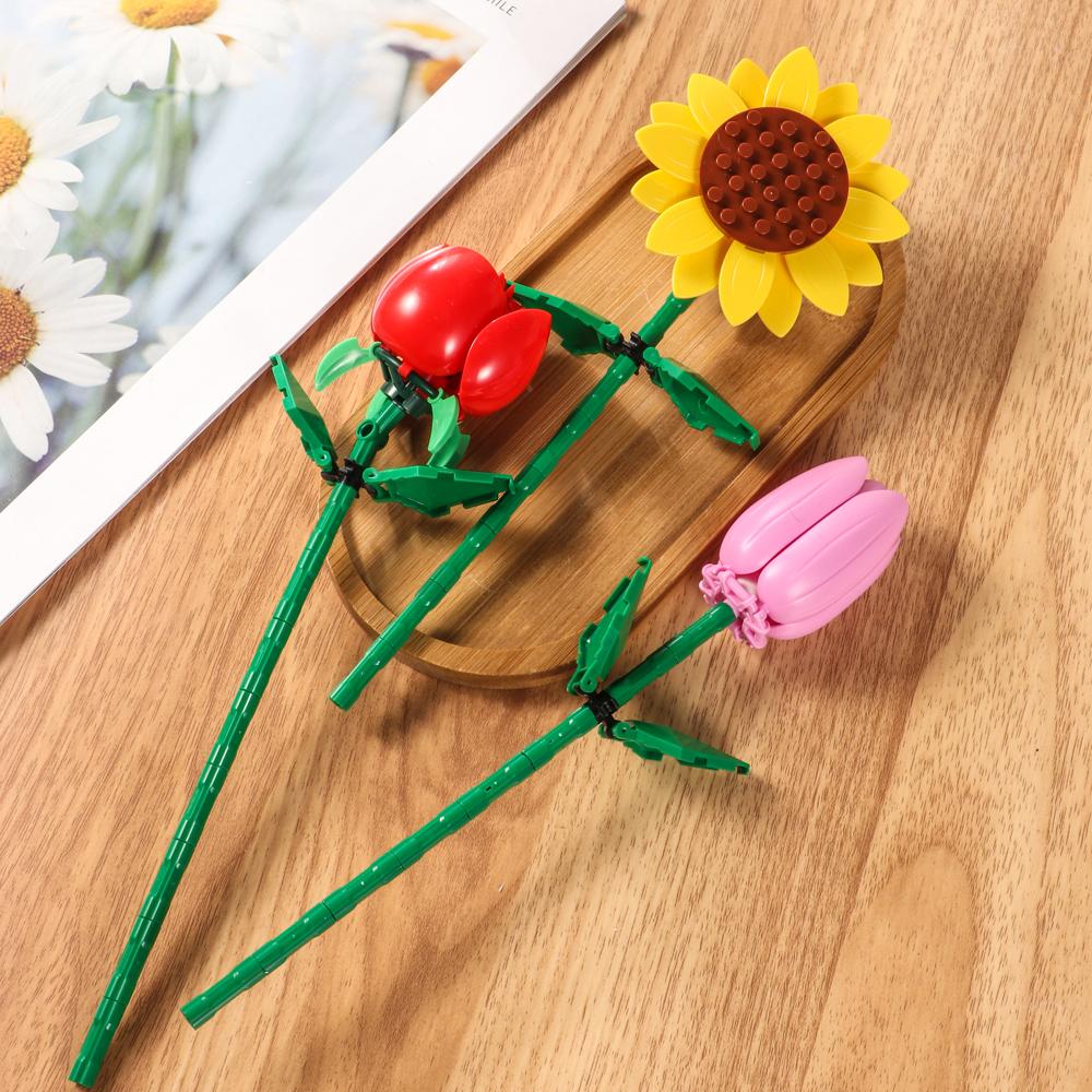 Potted Plants Flower Rose Sunflower Lily Orchid Chrysanthemum Micro Building Blocks Home Decoration Assemble Bricks Toys Kids