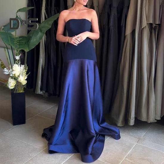 Women's Strapless Tube Top Maxi Dress Off Shoulder Patchwork Evening Dress Satin Bodycon Long Dress for Cocktail Party Wedding