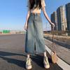 Hochtaillierter Denimrock mit Schlitz für Damen Neuer Herbst A-Linien-Rock Hüftbedeckender Rock Kleine Birnenform Langer Rock