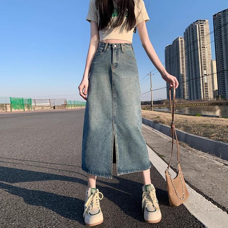 Dámská džínová sukně s vysokým pasem a rozparkem Nová podzimní sukně áčkového střihu Sukně zakrývající boky Sukně pro drobnou hruškovitou postavu Dlouhá sukně