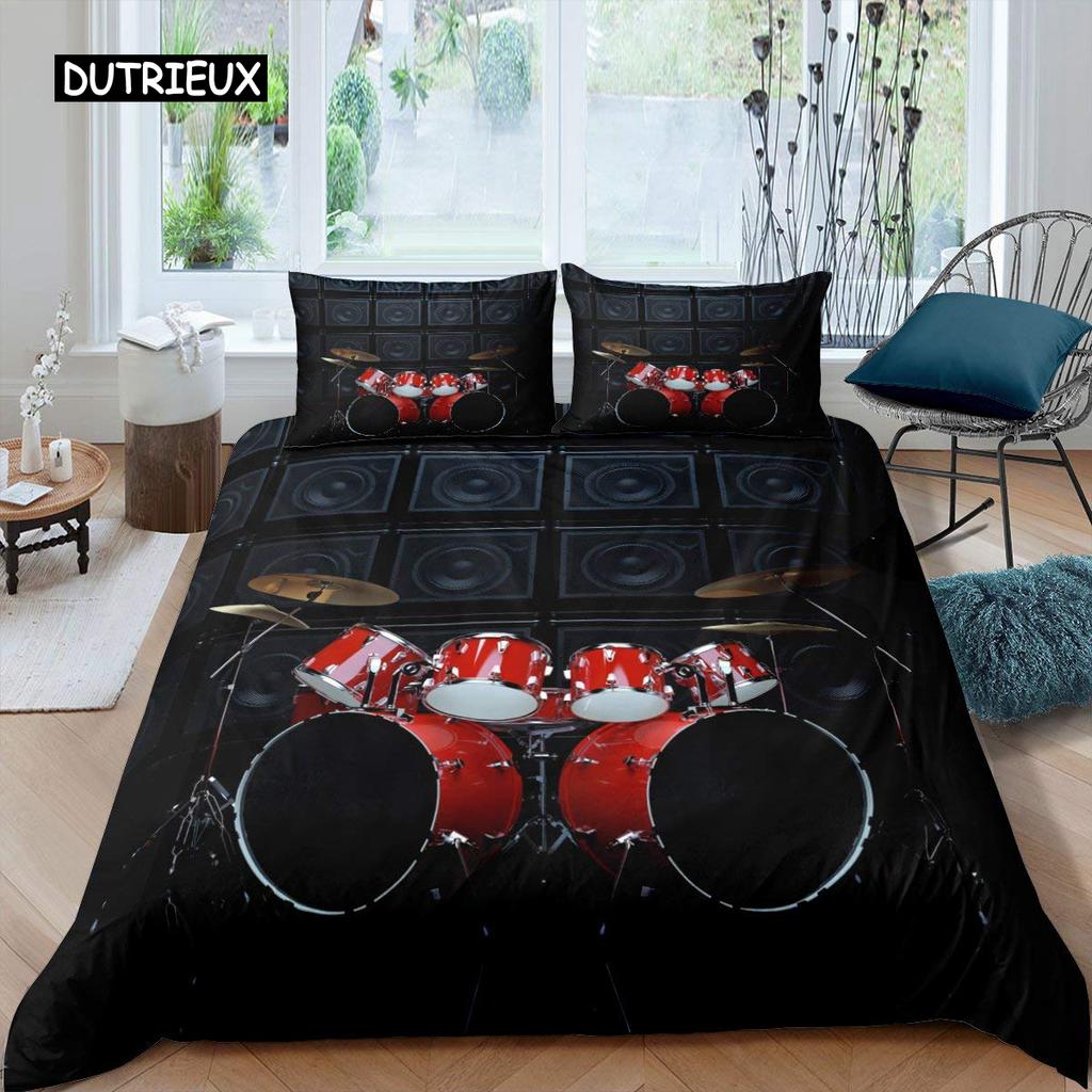 Blue Drum Kit Duvet Cover Set Microfiber Rock Roll Pop Music Twin Bedding Set Musical Instrument Glitter Lines Comforter Cover