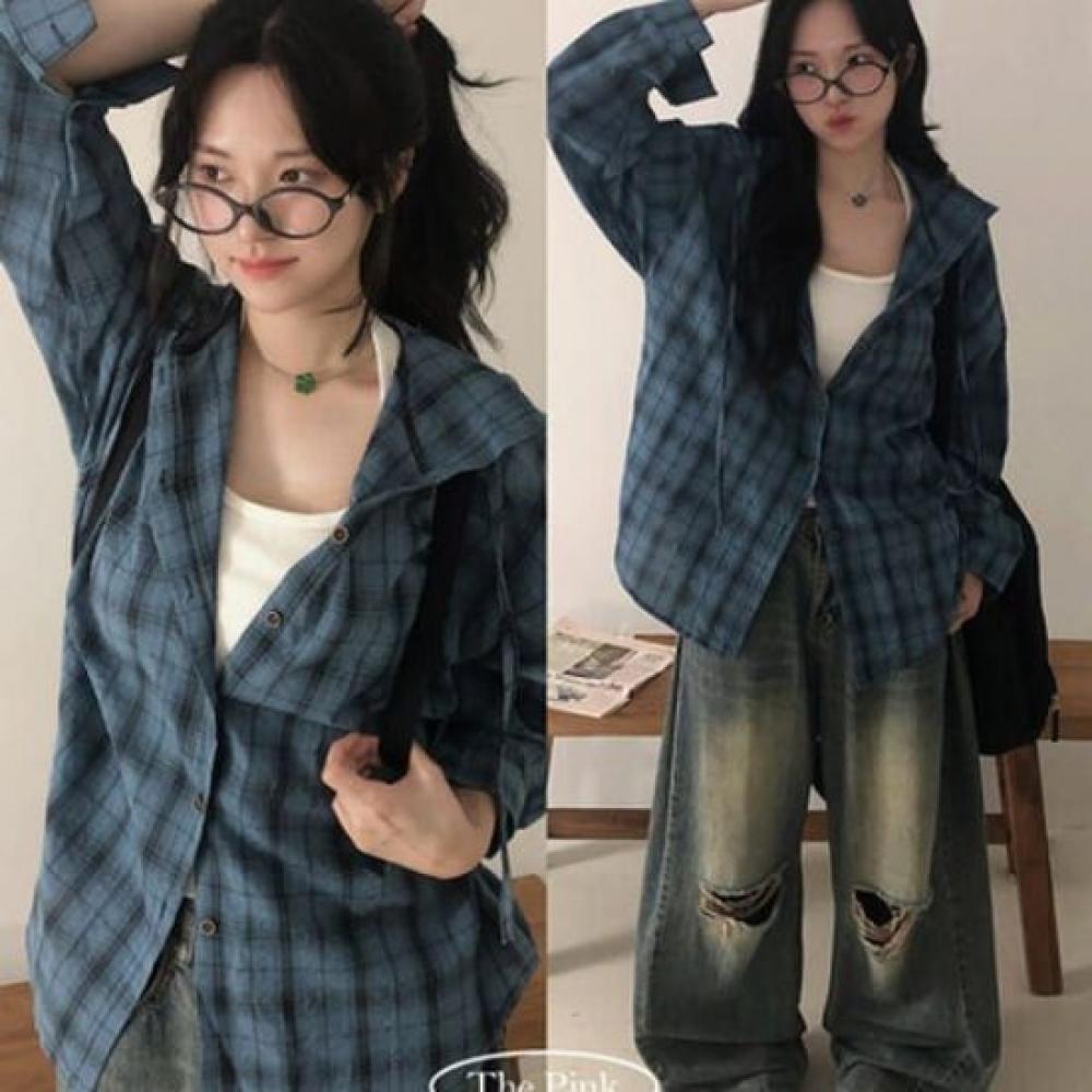 The Pink Men Loose Fit Check overFit Hood Shirt