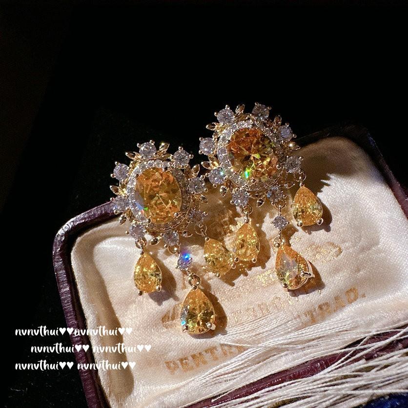 Farah Crown Wheat Ear Jewel Brooch, Antique, 18K Gold Plated, Twilight Yellow Water Drop Zircon Earrings Combination