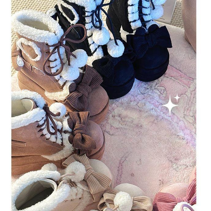 Sweet Winter Girls Lolita Mid-Calf Snow Boots,Cute Female Students Plush Warm Bowknots Lace Up Wedge Heel Heightening Shoes