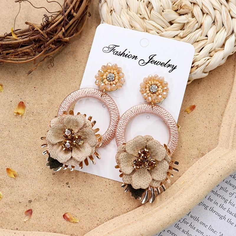 Vintage crystal flower big circle stud earrings long temperament personalized vacation earrings bohemian earrings women