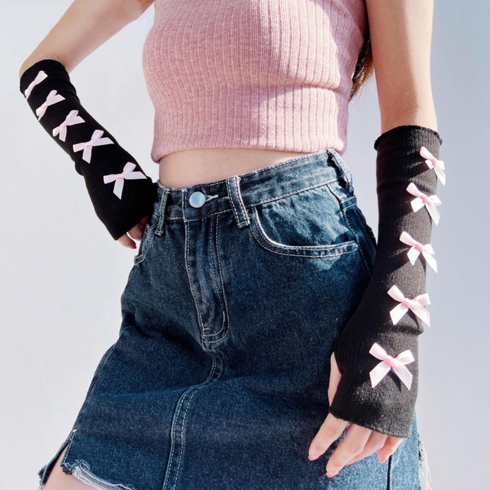 

Бантик Y2K Теплые рукава Эластичные митенки Грелки для рук Бант Вязаные перчатки Аксессуары для одежды чёрный