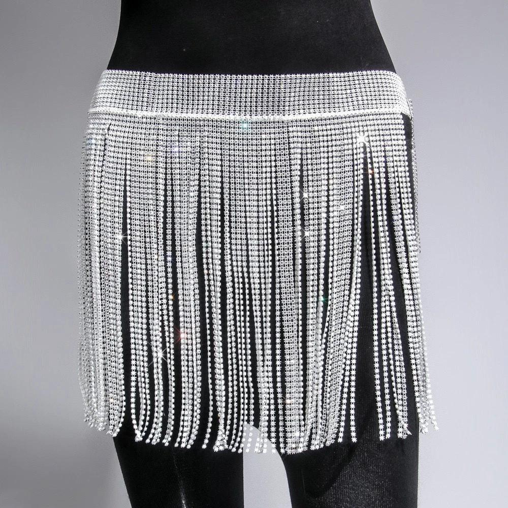 Glitzer Partykleid Polierter Tanzclub Rock Strassfransenrock Premium Taillenkette Zubehör für Ausgehen Abendgarderobe