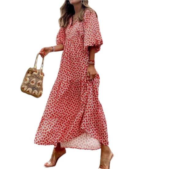 Women Dress Geometric Print Large Hem Autumn Bohemian Ruffles Long Dress for Beach
