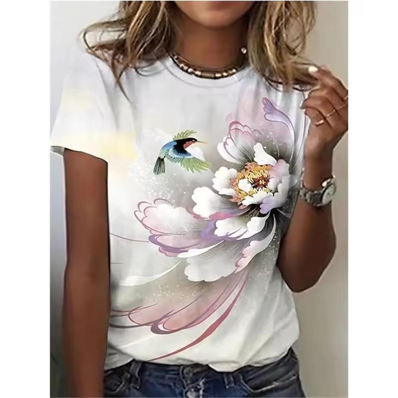 Summer Round Neck Women's T-shirt Fashion Splash Ink Flower 3D Printed Top Comfortable Loose Short Sleeve T-shirt