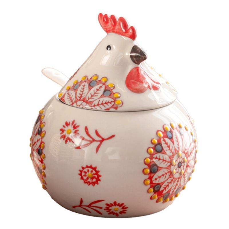 Ceramic Seasoning Container Chick Designs Sealable Lid Included Measuring Utensils For Cooking Essential