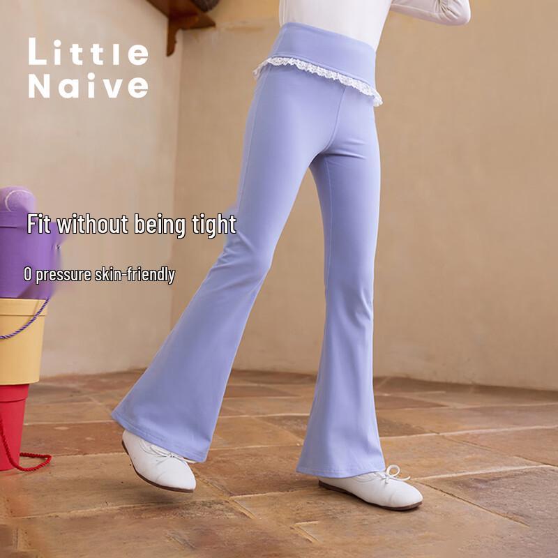 Little Naive Girl's Elastic Flared Casual Pants with Lace Trim