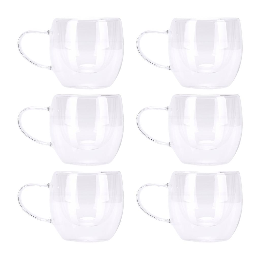 6Pcs Double Wall Glass Coffee Mugs Set Clear Insulated with Handle Egg Shaped for Juice Beer Water 350ml