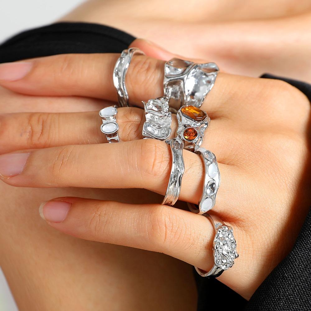 8pcs Set Exaggerated Retro Irregular Geometry Liquid Metal Adjustable Opening Rings for Women Fashion Finger Jewelry Sets Gifts