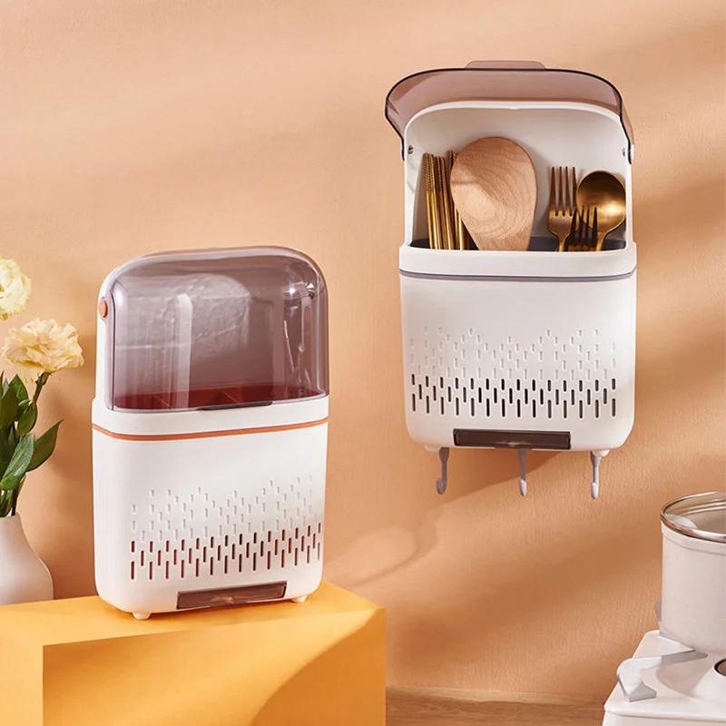 Multi-functional Dustproof Chopstick Holder Wall-Mounted Cutlery Holder Kitchen Knife Fork Spoon Container with Lid for Drainage