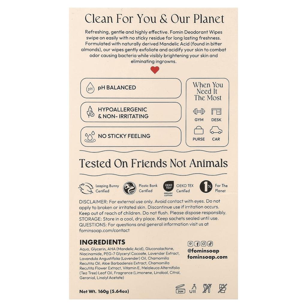 Fomin, Deodorant Wet Wipes, Citrus Harmony, 15 Individually Wrapped Wet Wipes