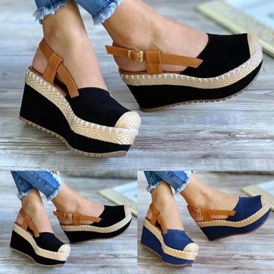 Damenmode, lässige Strohschuhe, Baotou-Sandalen mit Schnallenriemen und großem Keil