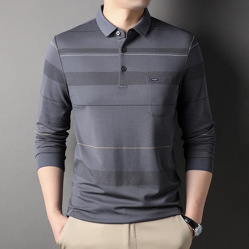 Autumn New Style Long-sleeved POLO Shirt with Pocket, Middle-aged Men's Casual Striped Bottoming T-shirt, Dad's Fashion Trend
