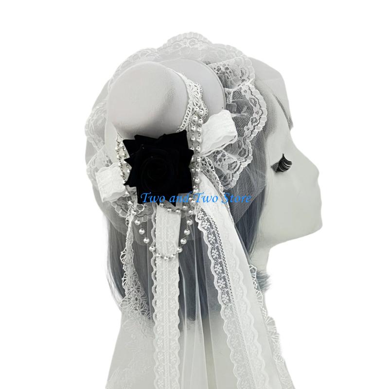 HX6F Creative Rose Flower Hairpin Top Hat Chain Headwear Gothic Sweet Halloween Party Gift Cosplay Costume Decoration