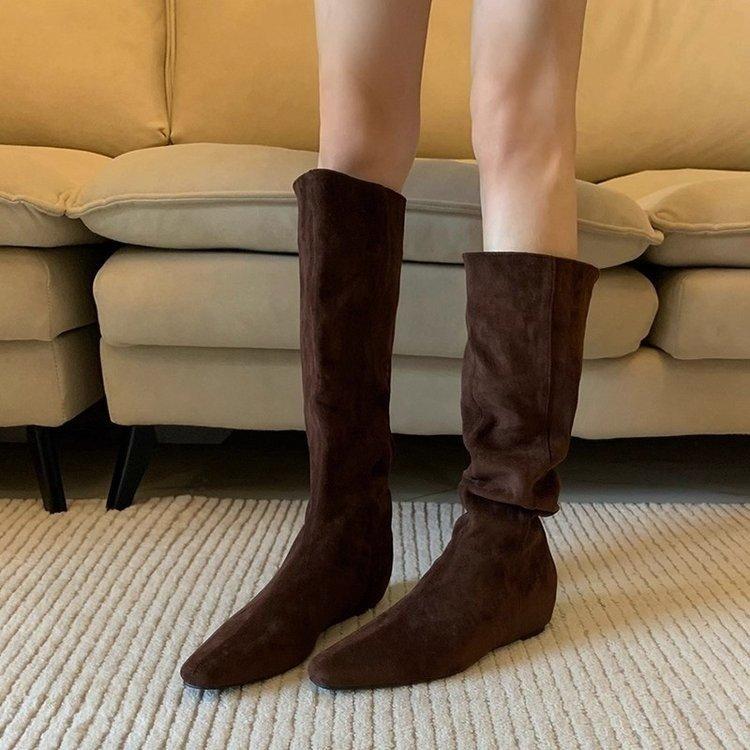 Cowhide Version! Yadan Style Western Cowboy Boots Women's Retro Niche Large Tube Circumference Thin Inner Height Increasing Pleated Stacking Boots